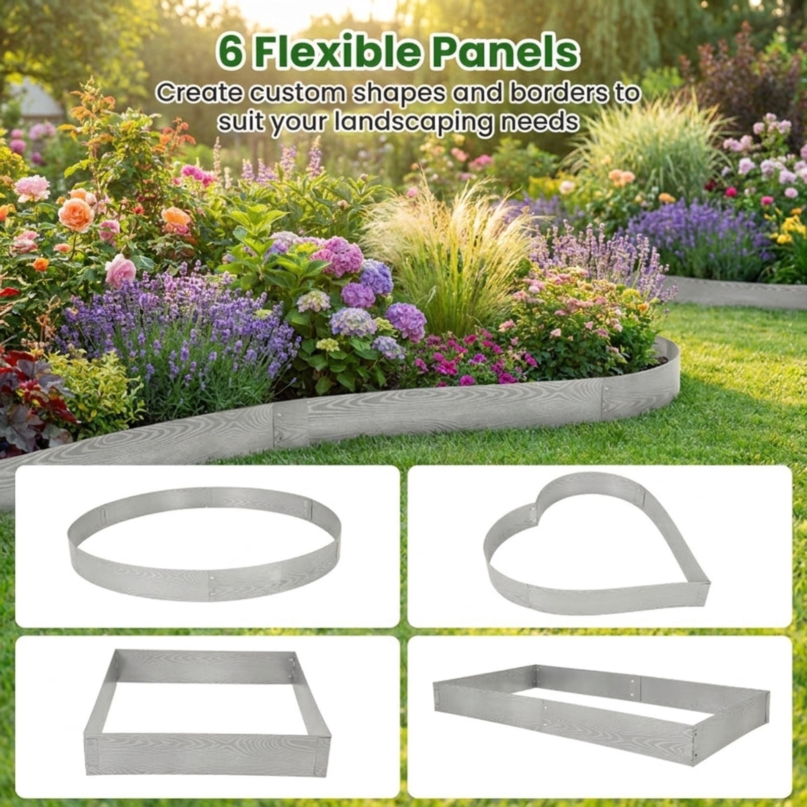 Biotree 6-Pack 20 FT Galvanized Metal Landscape Edging for Lawn Yard Garden, Flexible Wood-Grain Steel Border Panels, Heart Curve Rectangle Shapes, Silver