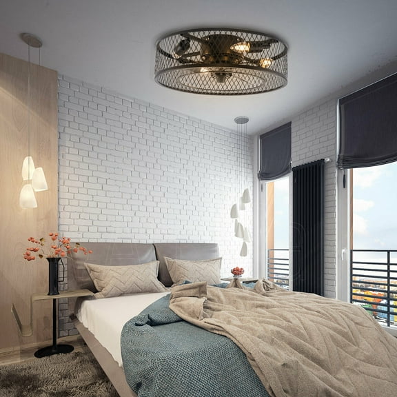 Miumaeov 18'' Rustic Metal Caged Ceiling Fan Light Semi Flush Mount Fan Chandelier 3 Speeds with Remote Control Black