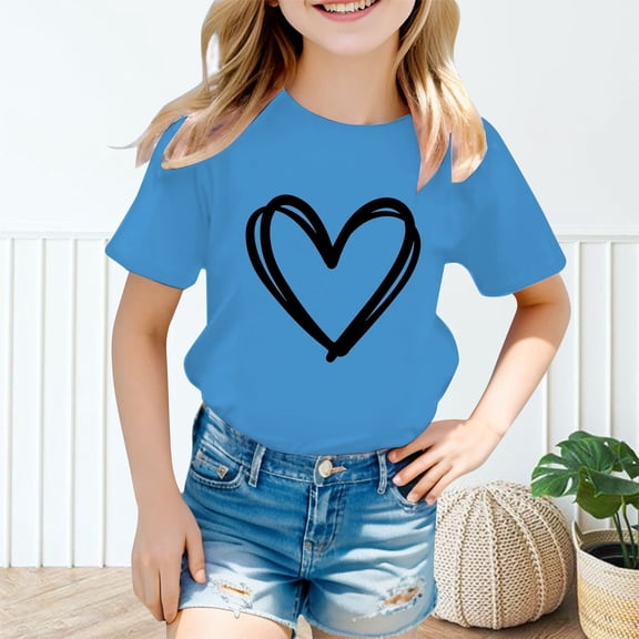 AWZXDE Toddler Girls Everyday Tee Cute Screen Print Graphic Crew Neck Short Sleeve Breathable Summer Casual Play T Shirt Sky Blue,5-6 Years