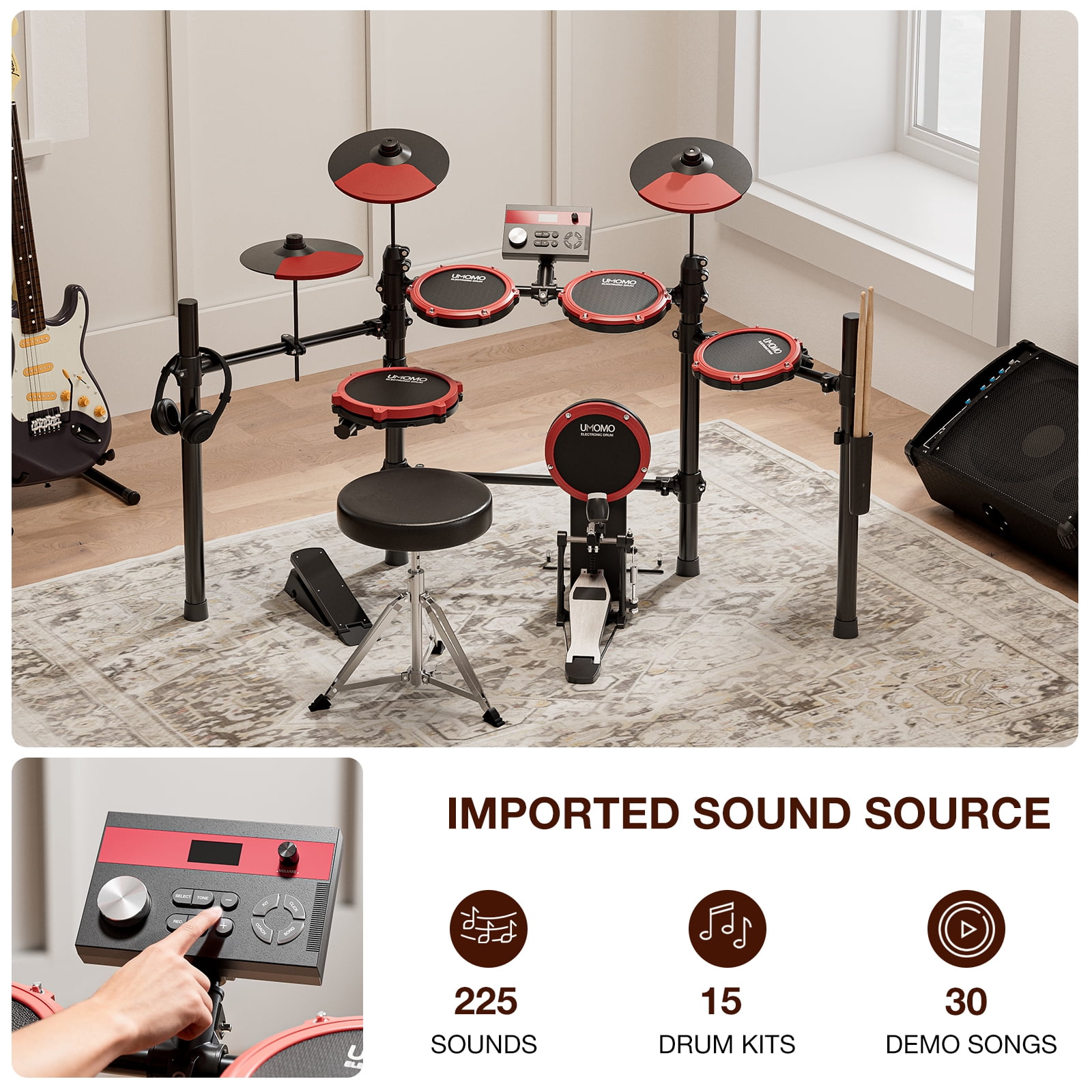 UMOMO UMD-772 Electric Drum Set, Electronic Drum Set With Mesh Electric Drum Pads, 225 Sounds, Drum Sticks, Headphones & Audio Cables, Stable Steel Frame, 15 Drum Kits, for Beginner, Red & Black