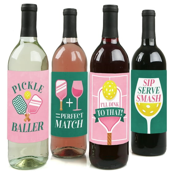 Big Dot of Happiness Pink Pickleball - Country Club Party Decorations for Women and Men - Wine Bottle Label Stickers - Set of 4