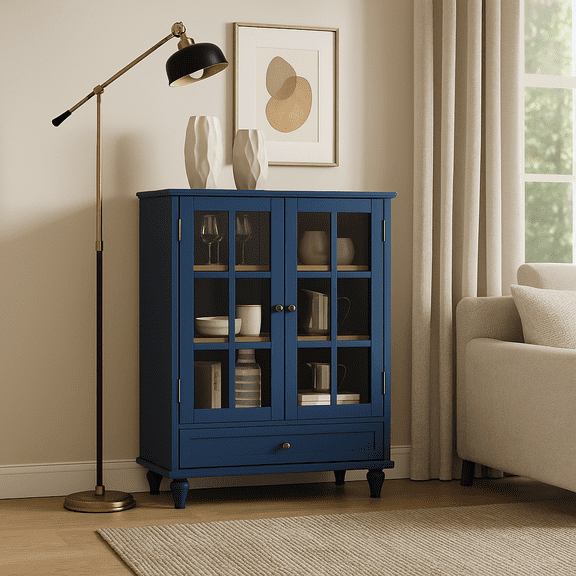 Minimalist Blue Buffet Cabinet with Double Glass Doors and Drawer, Modern Wooden Storage Sideboard Cupboard for Living room, Dining Room Hallway Entryway(Vintage Blue)