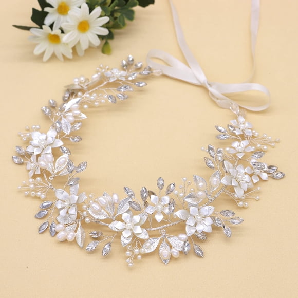 Oriamour Diadema de Boda Tocado de Novia Diseño de Flores con Perlas de Agua Dulce genuinas y Cintas Accesorios para el Cabello para Novia (Plata)