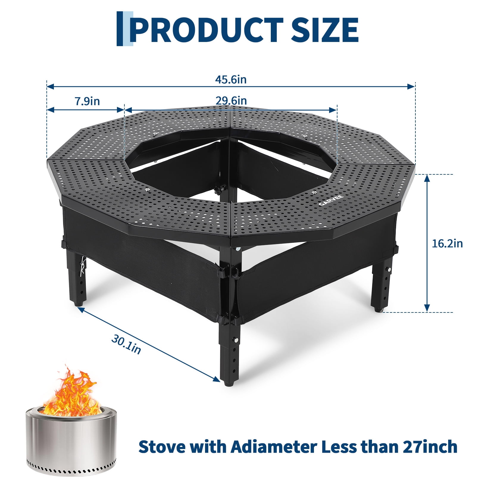 Black Fire Pit Table Surround – 360° Safety Barrier for Solo Stove, Heavy Duty Q235 Steel Campfire Table, UV-Resistant Outdoor Patio Accessory, Rustproof Metal Portable Fire Pit Stand