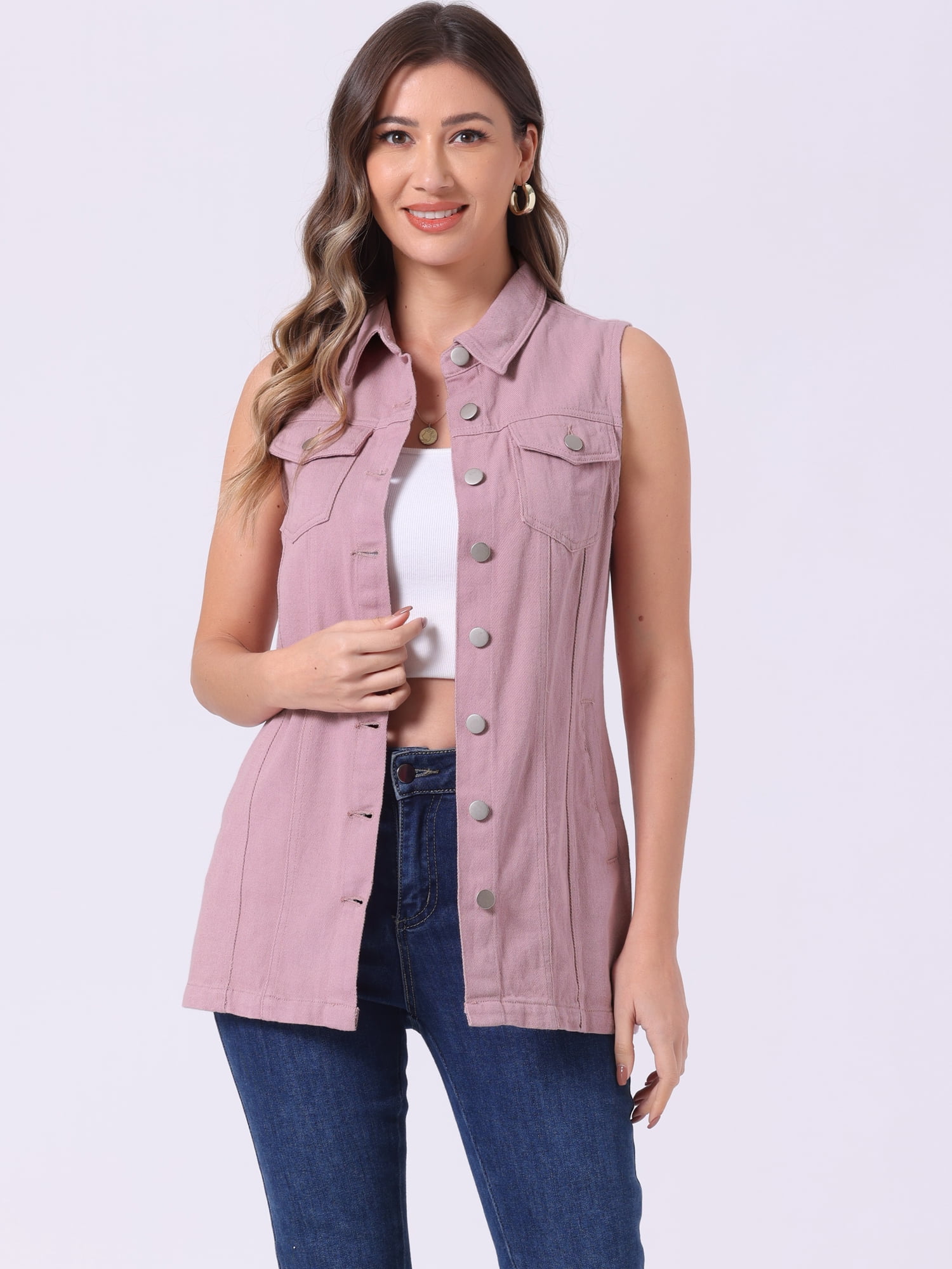DARING DIVA Women's Button Down Sleeveless Pockets Mid-Long Denim Vest XS Pink