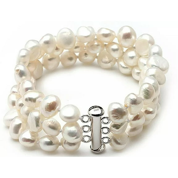 K-KED 925 Sterling silver 8-9mm white baroque 3 rows natural freshwater pearl bracelet