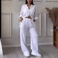 thumbnail image 3 of Guiexla 2Pcs/Set Women Shirt Pants Set Solid Color Long Sleeves Single-breasted V Neck Blouse Elastic Waist Loose Wide Leg Trousers Casual Commute Clothes, 3 of 7