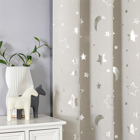 Clearance! Blackout Curtains for Kids Bedroom Nursery,Foil Shiny Big Star and Moon Room Darkening Space Theme Window Curtain for Boys Baby 63x52inches Beige