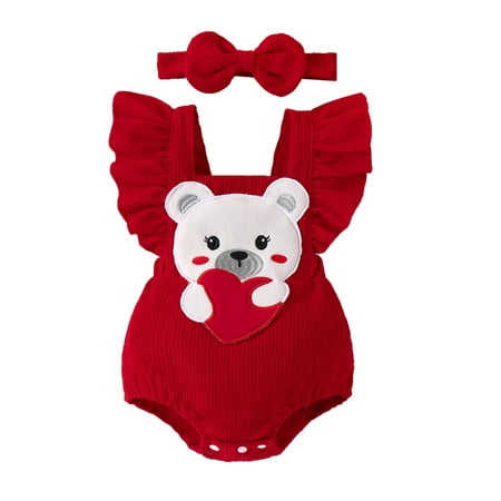

Baby Girl 2 Piece Set Square Neck Frill Trim Sleeveless Corduroy Romper + 3D Bow Ribbed Headband Infant Toddler Outfits