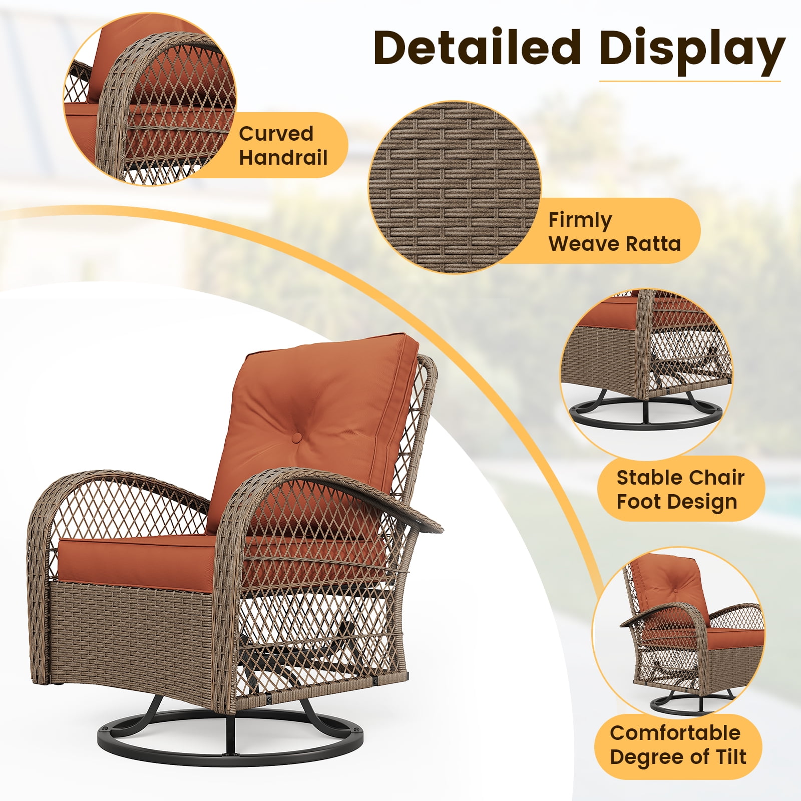ELPOSUN 3 Pieces Patio Furniture Set, Outdoor Swivel Gliders Rocker, Wicker Patio Bistro Set with Rattan Rocking Chair, Glass Top Side Table and Thickened Cushions（Orange）
