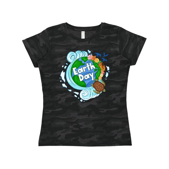 Inktastic Earth Day Turtle Planet with Waves and Birds Women's T-Shirt