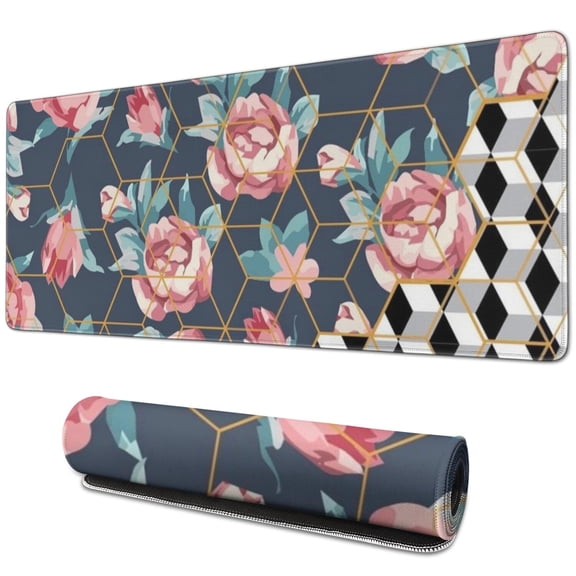 Long Mouse Pads for Desk,Pioneer Flower Floral Print Pattern Desk Mats on Top Of Desks, Desk Mouse Pad Extra Large with 3mm Non-Slip Base and Stitched Edge for Gaming,Office,Work,Home 31.5"x11.8"
