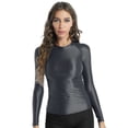 thumbnail image 2 of TiaoBug Women Oil Shiny Long Sleeve T-Shirt Glossy O Neck Leotards Seamless Yoga Fitness Workout Top Grey M, 2 of 7