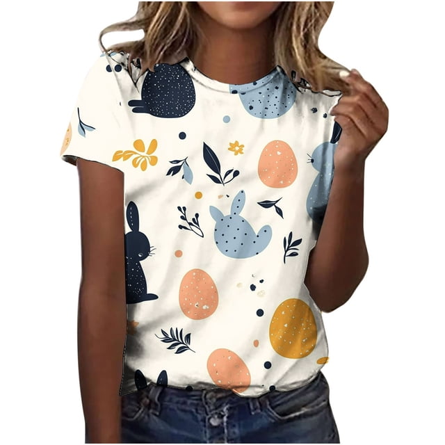 Pisexur Hauts pour Femmes Blouses Décontractées Élégantes Imprimé de Pâques Manches Courtes Col Rond, Grande Taille Multicolore,L