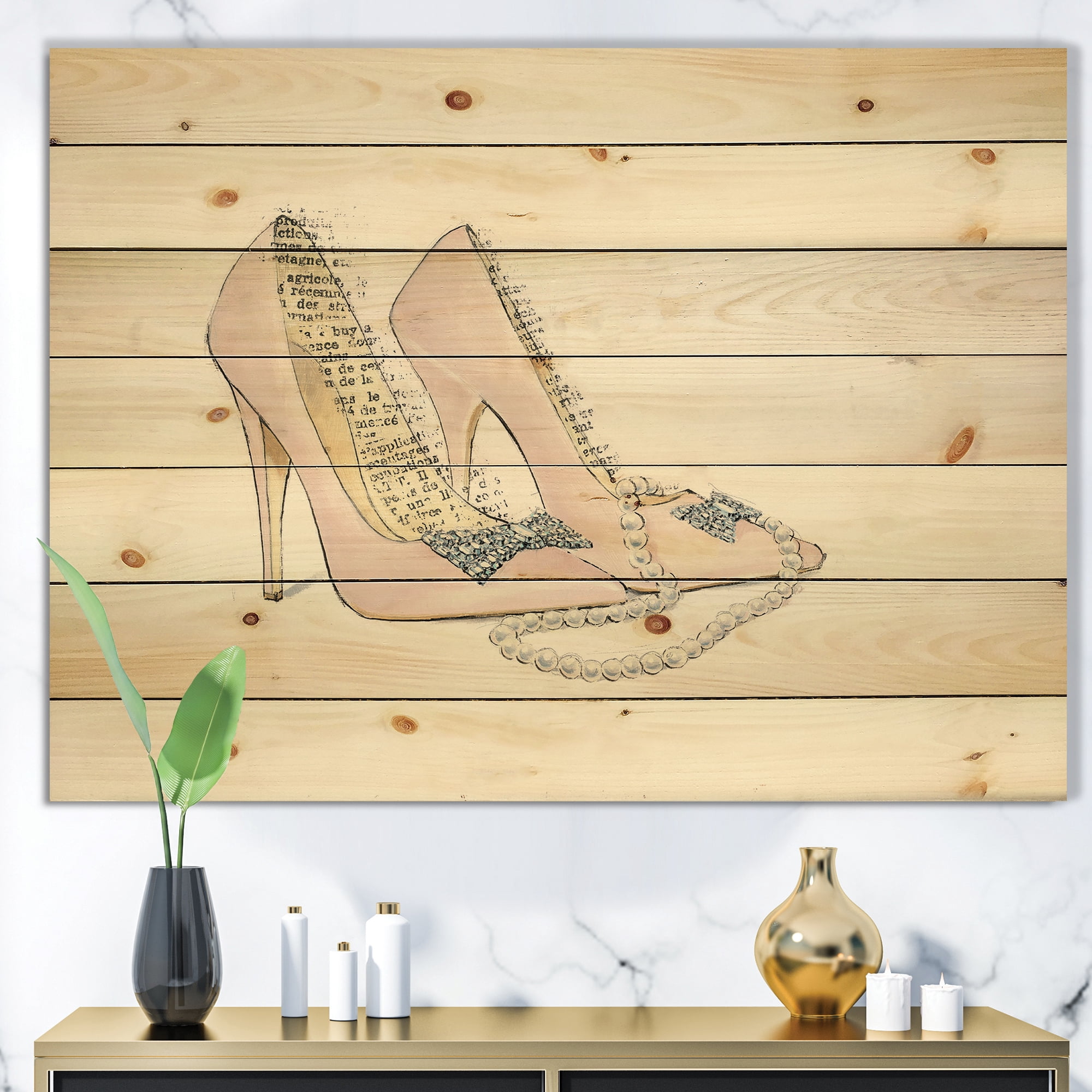 Designart 'Glamorous Black Diamond Stiletto Shoes III' Fashion Print on Natural Pine Wood