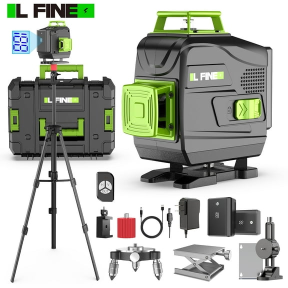 LFINE Laser Level 360 Self Leveling, 16 Lines 4×360° Green Pulse Mode Levels for Floor Tile Wall Picture Hanging Construction, 4D Leveler Outdoor Tool with 2 Rechargable Batteries Hard Carry Case