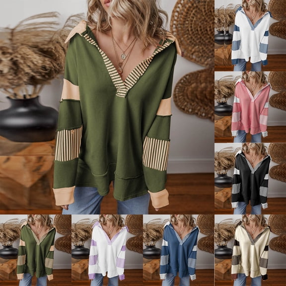 LWITHSZG Oversized Sweatshirt for Women Casual Loose Deep V Neck Long Sleeve T Shirts Fall Winter Fashion Basic Tees Color Block Tunic Tops