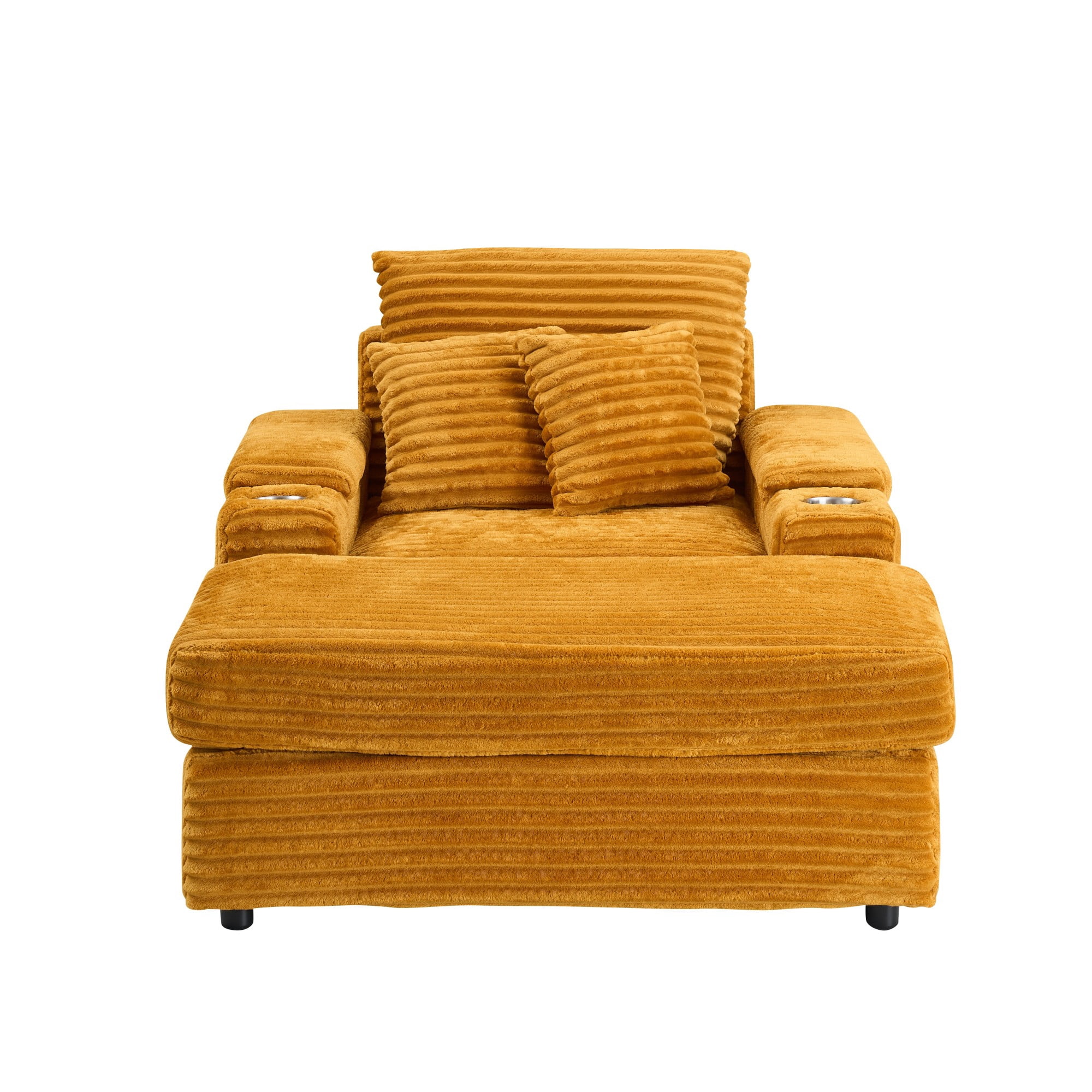 Chaise Lounge Chair,Corduroy Upholstered Sofa Bed with 3 Throw Pillows,Sleeper Reading Chair for Living Room,Bedroom,Orange