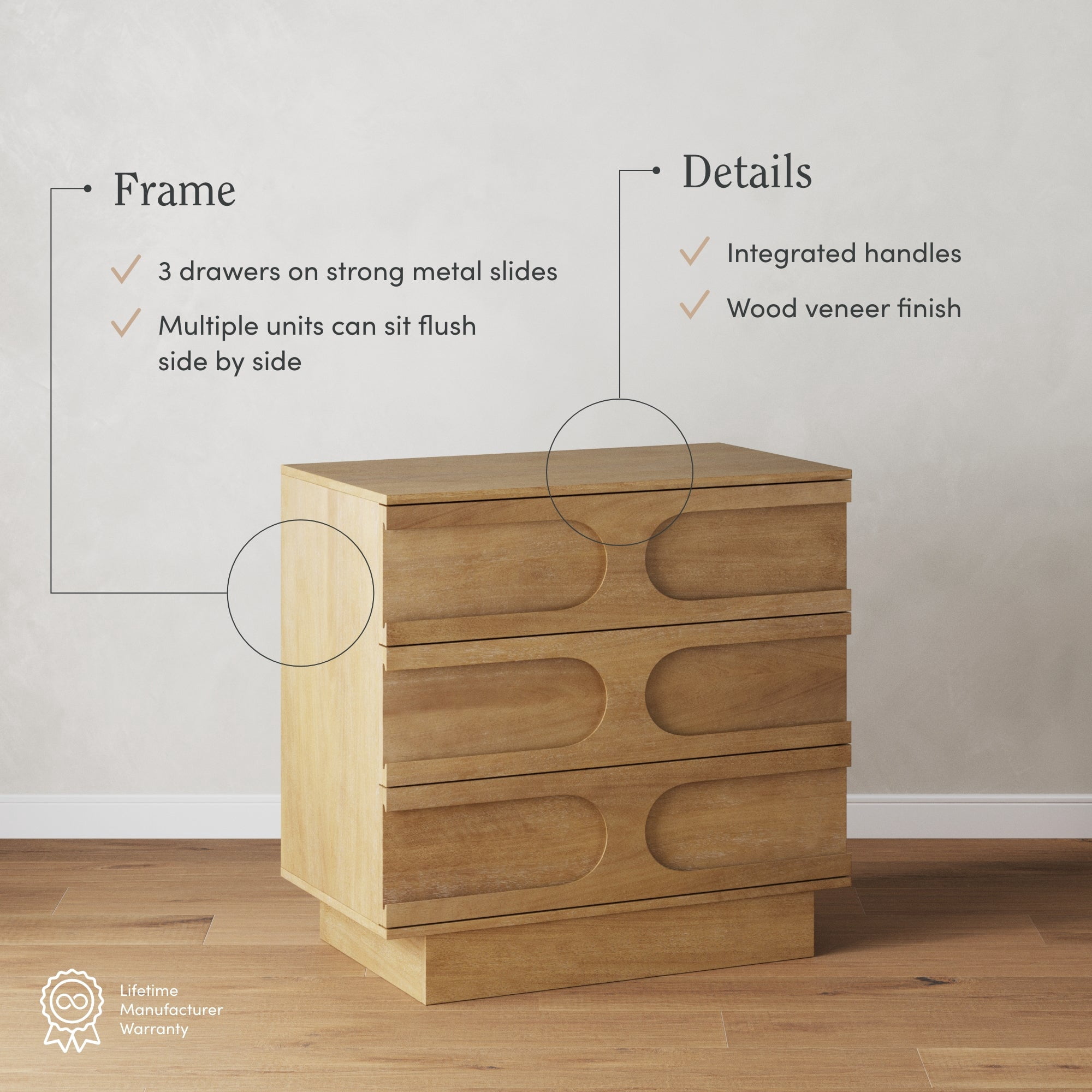 Nathan James Iris 3 Drawer Dresser, Mid-Century Modern Solid Wood Dresser for Bedroom, Light Brown