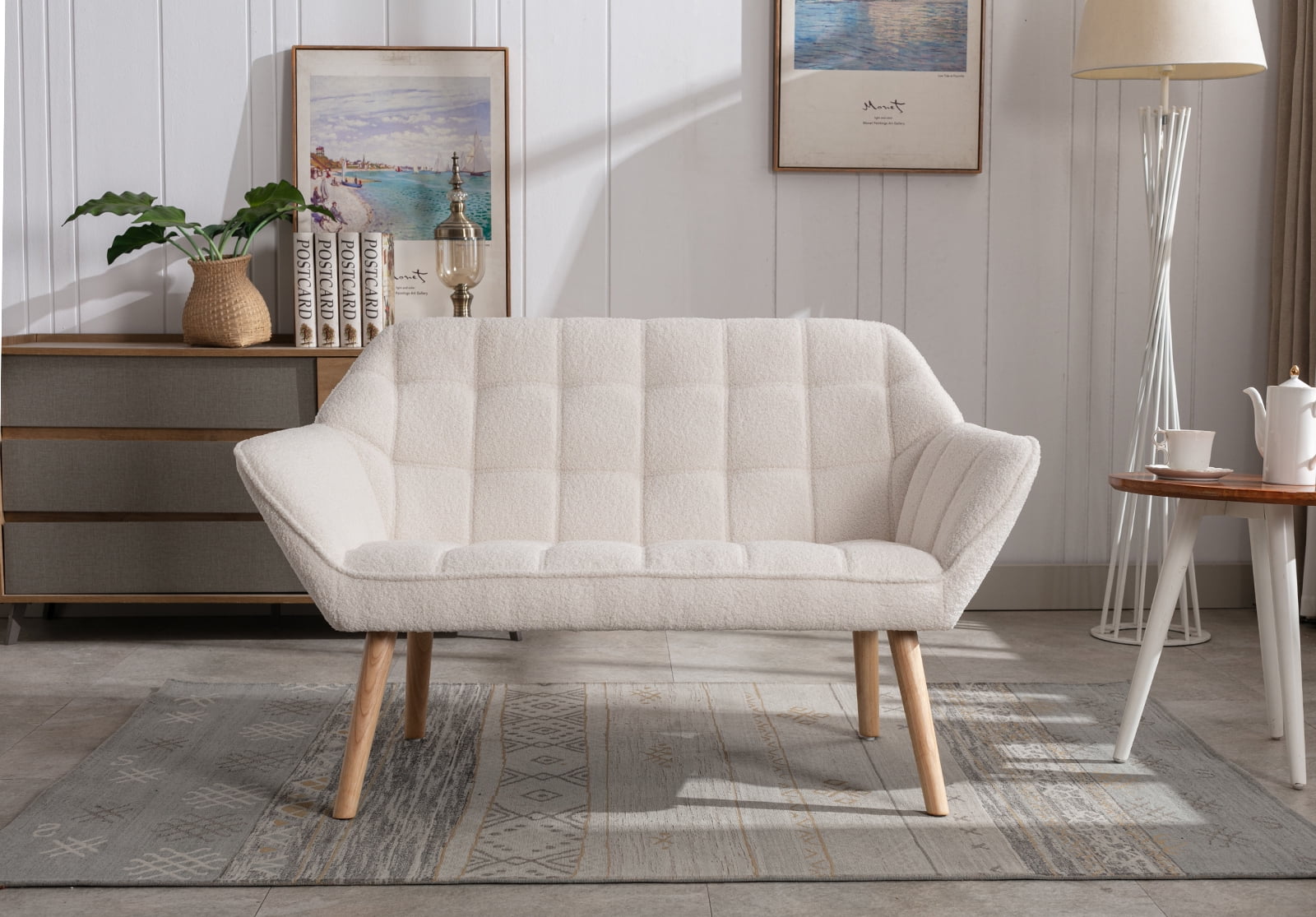 Guyou Small Loveseat Sofa, Modern Sherpa 2-Seater Mini Sofa Couch with Quilted Back and Armrests, Cute Accent Chair with Wooden Legs for Living Room Bedroom Apartment, White