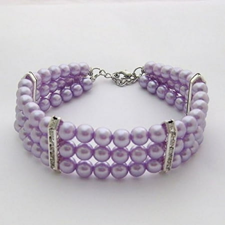 Fancy 3 Row Pearls Diamond Dog Necklace Collar Jewelry with Bling Rhinestones for Pets Cats Small Dogs Girl Teacup Chihuahua Yorkie Clothes Costume Outfits (Purple  8 to 10-Inch)