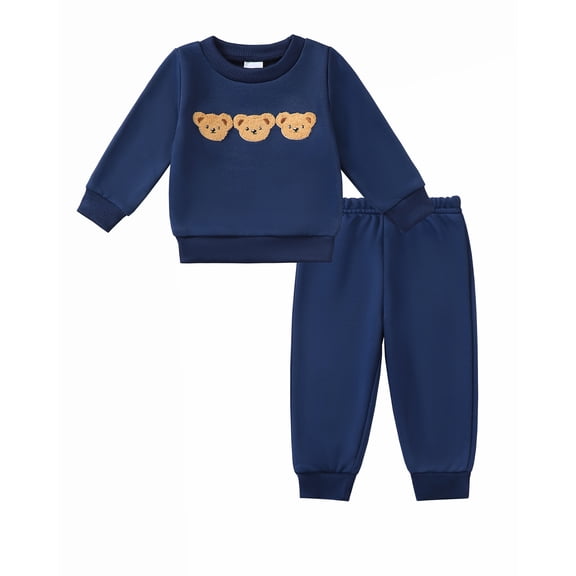 Toddler Baby Boys Clothes 2T Boys Fall Winter Outfits 3T Boys Long Sleeve Cute Pattern Round Neckline Sweatshirt Pants 2PCS Clothing Set Blue