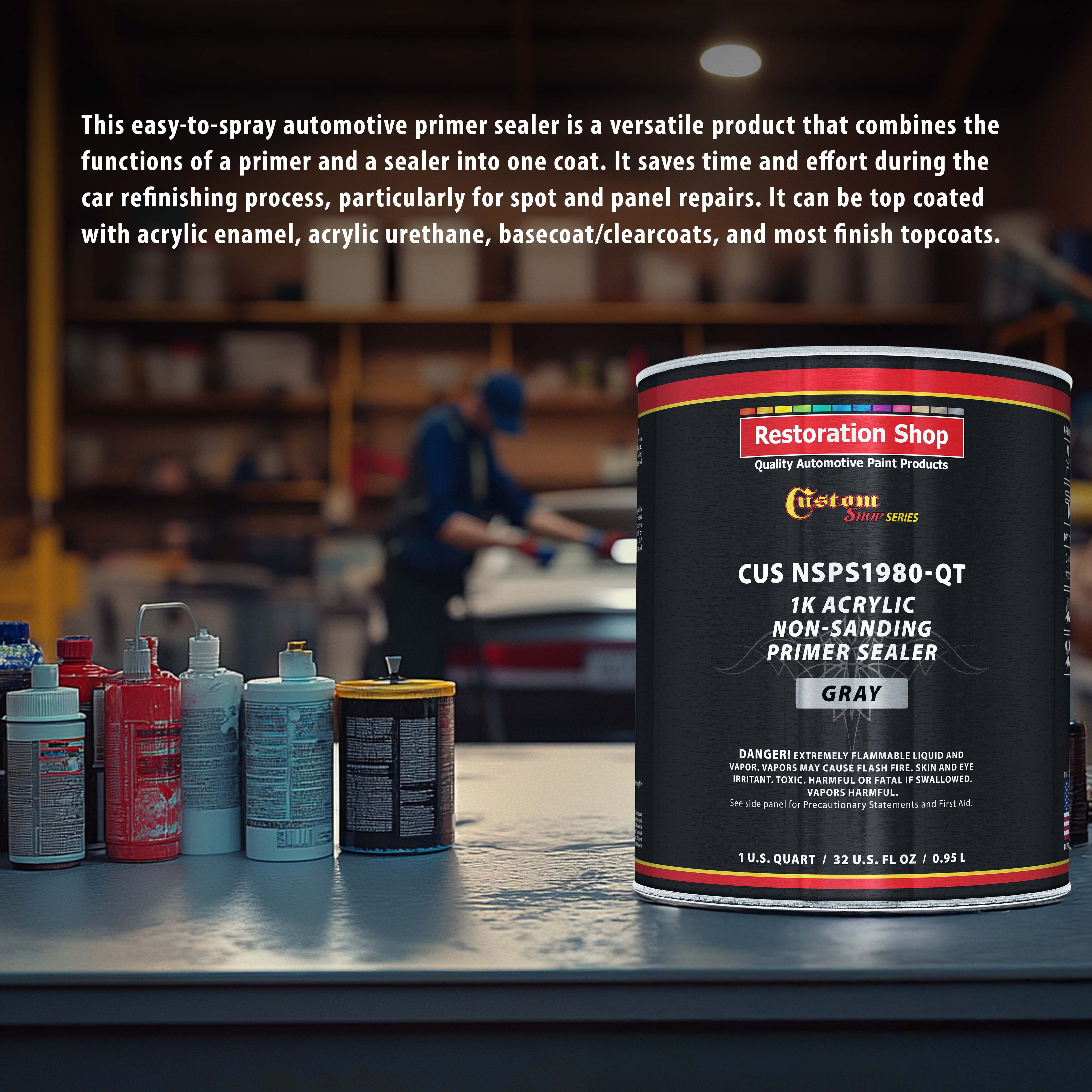 Custom Shop Premium 1K Acrylic Non-Sanding Primer Sealer Paint, Color Gray, 1 Quart - Fast Drying, Ready-To-Spray, Apply Over Automotive Primer Surfacers, Sanded Finishes - Topcoat Urethane, Enamel