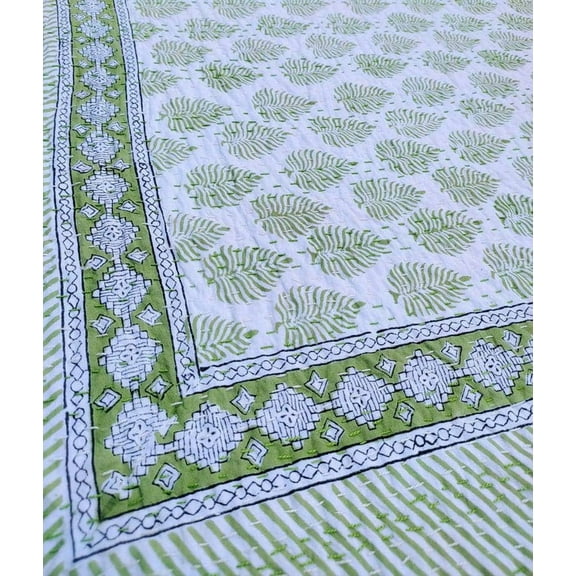 A And E Textiles House Indian Green Kantha Quilt HandBlock Leaf Print Green Leaf Bedding Bedspread Full size Soft Green Leaf Quilt Hand Stitched Kantha Quilt