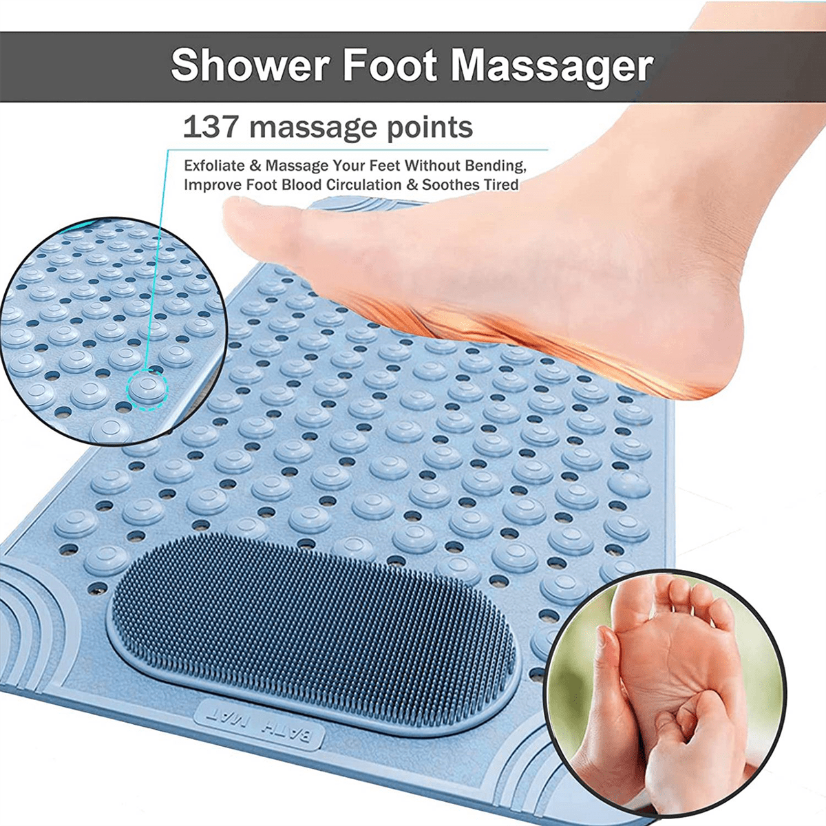 Bathtub Mat Non-Slip Rubber Shower Mat with Drain Holes Suction Cups, Quick Drain, Feet Massage, Bath Mat Blue PVC Blue