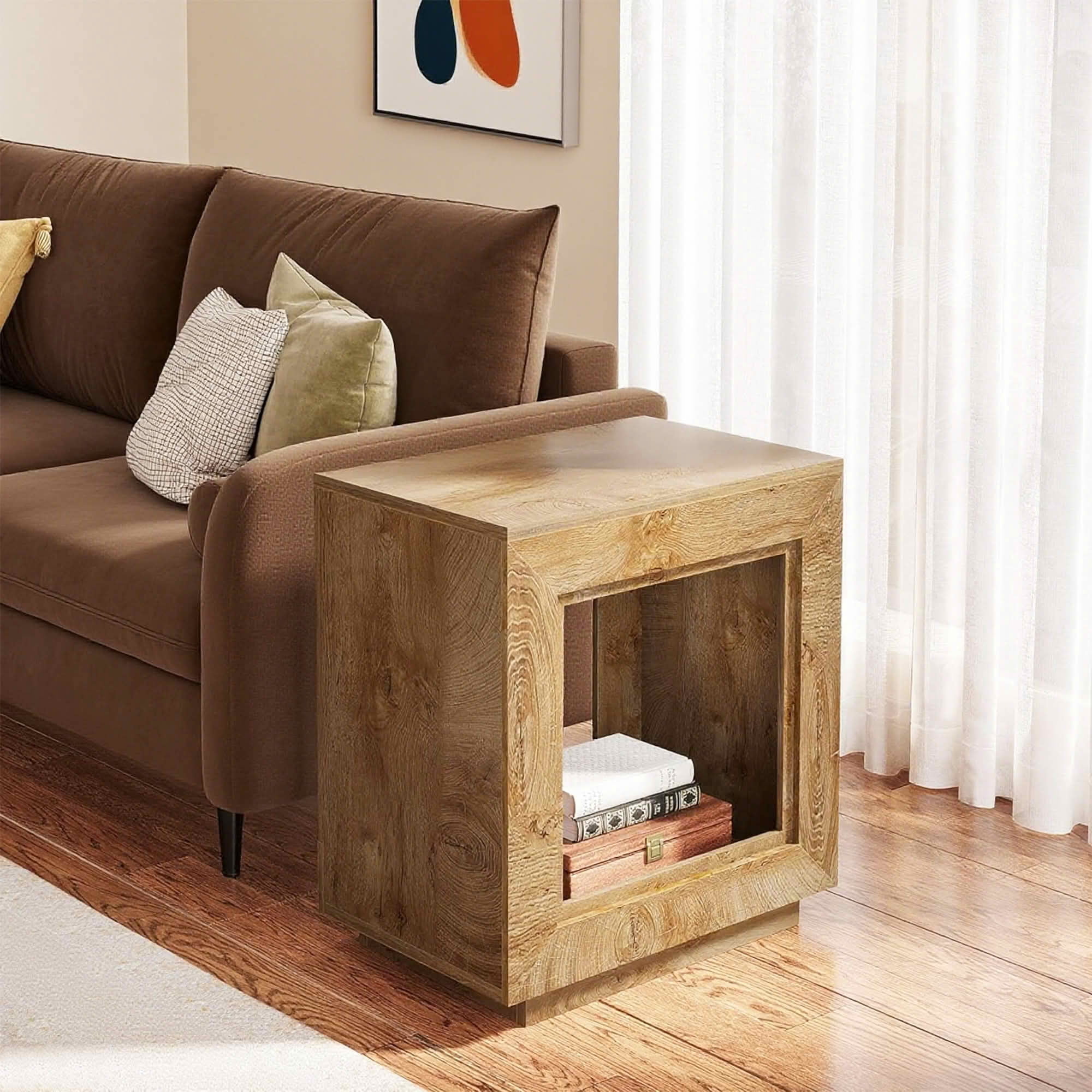 MAYEERTY Square Wood End Table Nightstand, Walnut Rustic Finish Heavy-Duty Solid Wood Side Table with Ample Storage Space