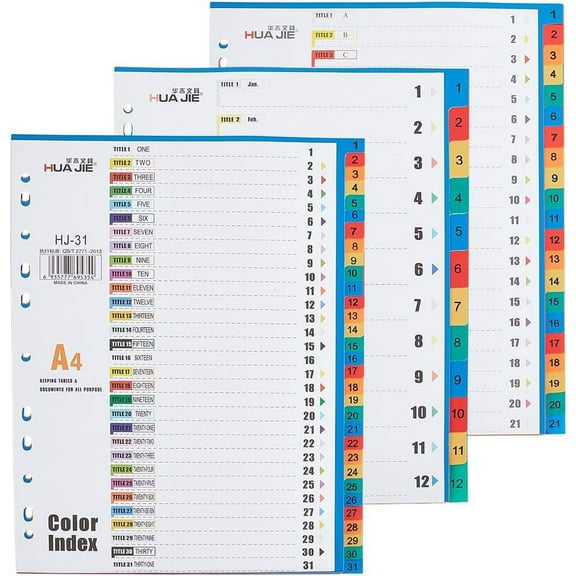 3 Sets A4 Plastic 12/21/31-Tab Binder Index Dividers 11-Hole OneStep Binder Dividers Customizable Table of Contents Insertable Multicolor Divider Tabs