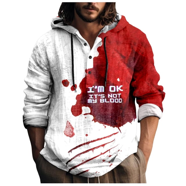 VBARHMQRT White Button up Shirt Men Male Printed Theme Casual Round Neck Button Bloodstain Pattern Plus Size Shirt Print Solid Color Hoodie Sweatshirt Brick Red