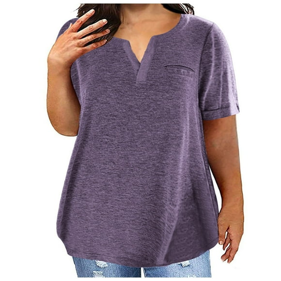 CFLVAEK Womens Plus Size T Shirts 2025 Loose Fitted Short Sleeve Tshirts Big Oversized Notch Neck Summer Tees Solid Color Classic Tops Purple XXXL