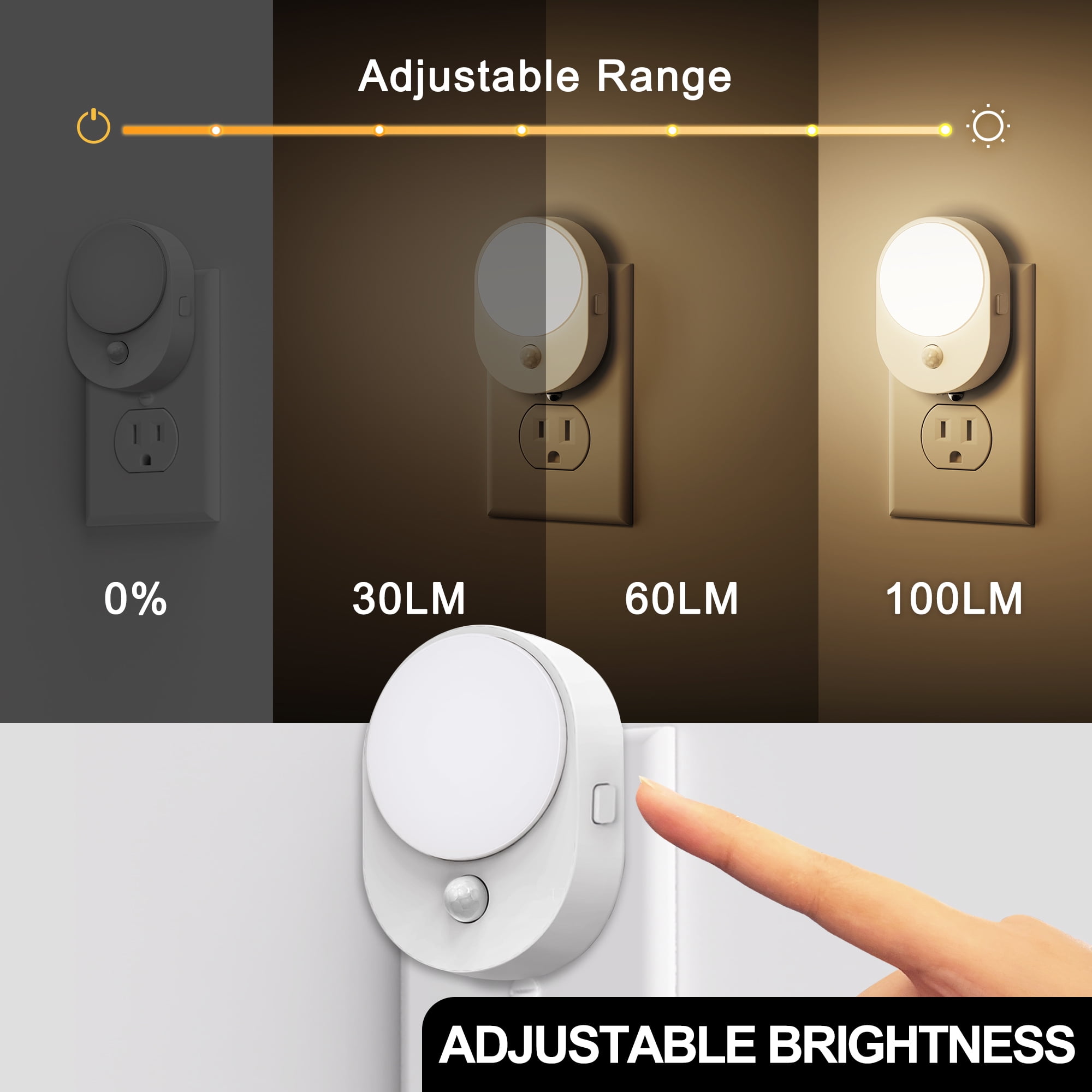 2 Pcs White Warm White 3000K Motion Sensor Oval Night Light
