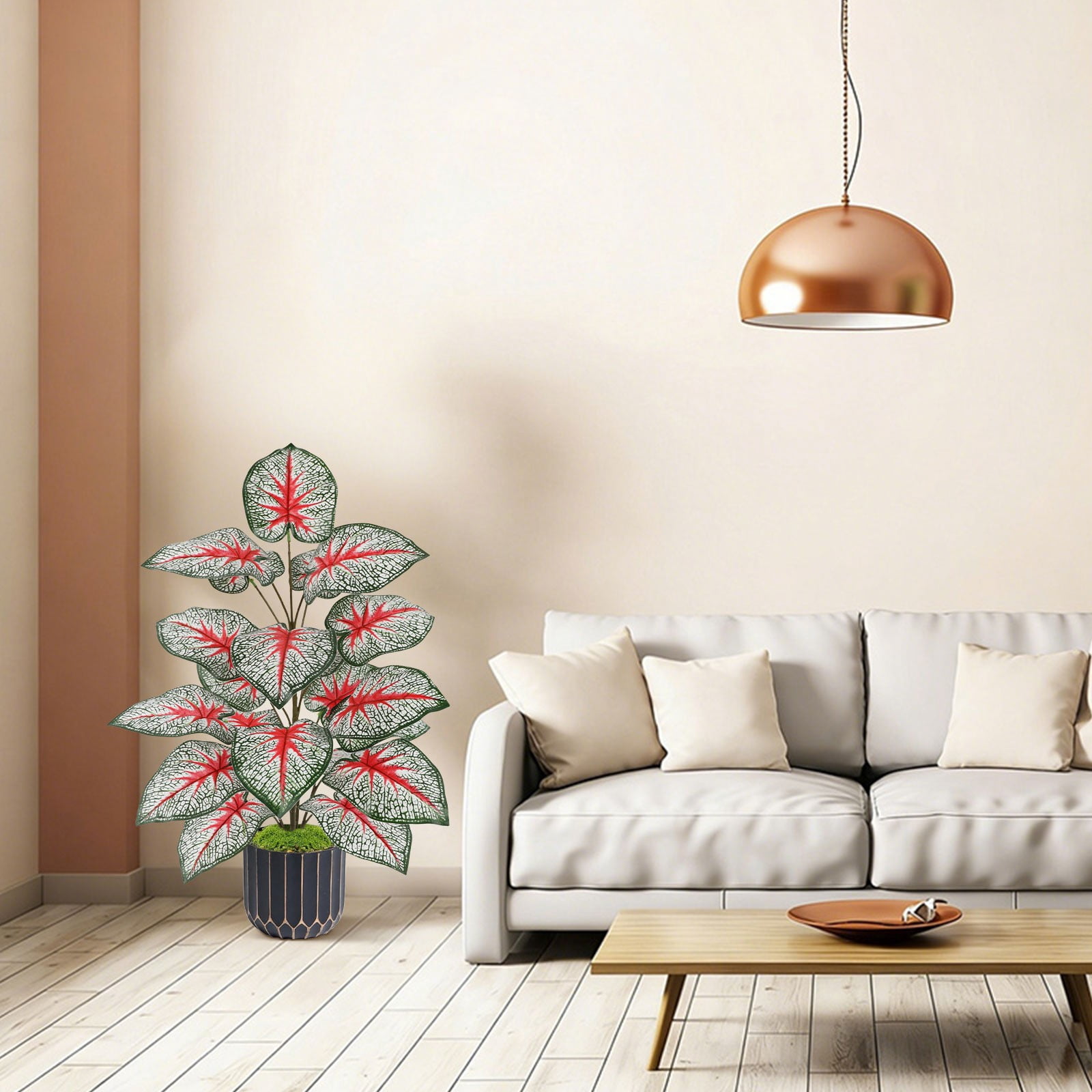 Artificial Caladium Plant Faux Red Heart Variegated Tropical Houseplant Realistic No Maintenance for Indoor Living Room Outdoor Patio Home Decor Simulation Green Plant 25.59 Inch 1Pcs