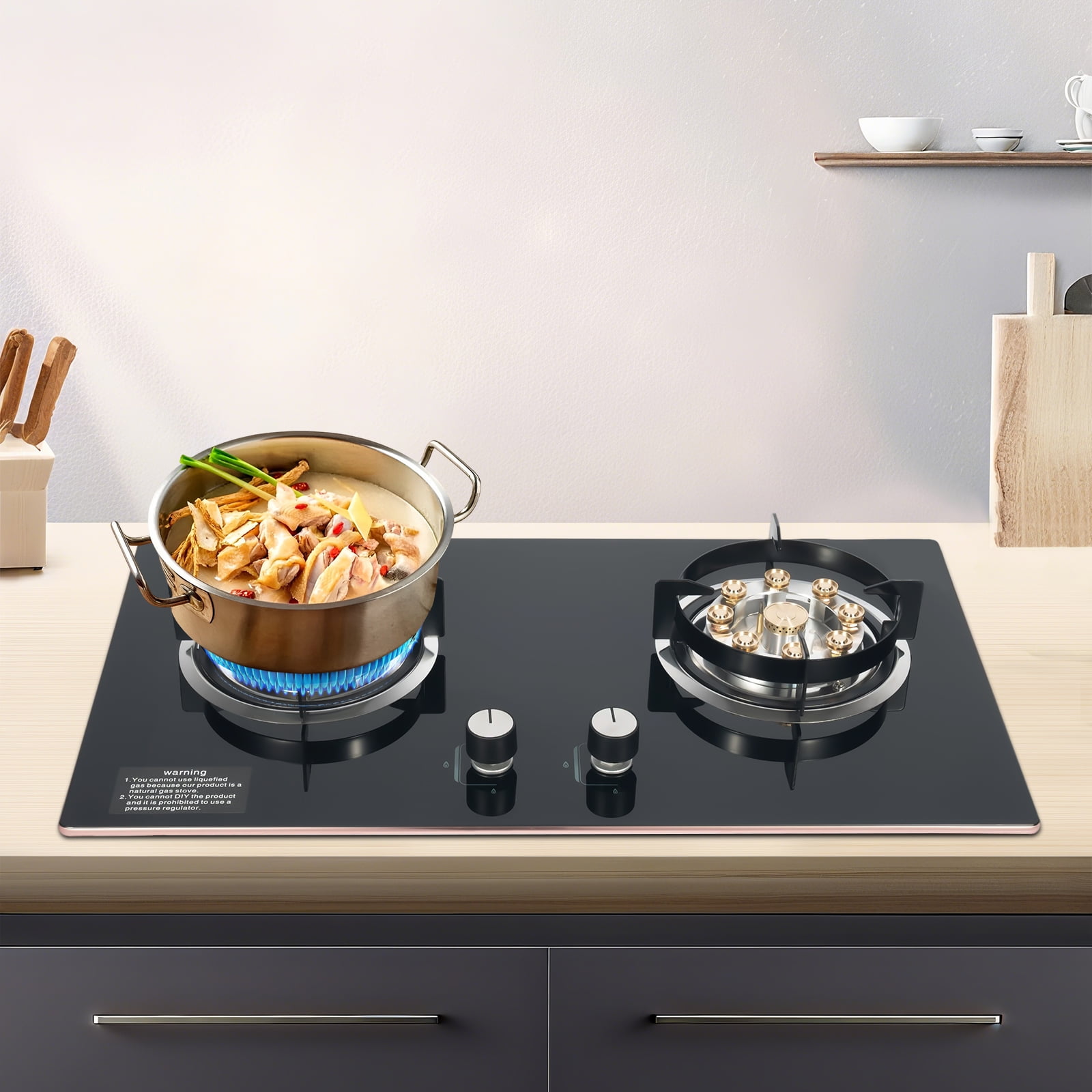 Kitchen Natural Gas Cooker Gas Cooktop Stove Top 2 Burners Built-in NG Gas Stove for Home, Restaurants
