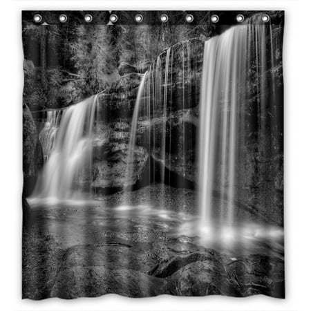 Black & White Ceramic Bathroom - PHFZK Natural Landscape Shower Curtain, A Hidden Waterfall in Hocking Hills Ohio in Black and White Polyester Fabric Bathroom Shower Curtain 66x72 inches