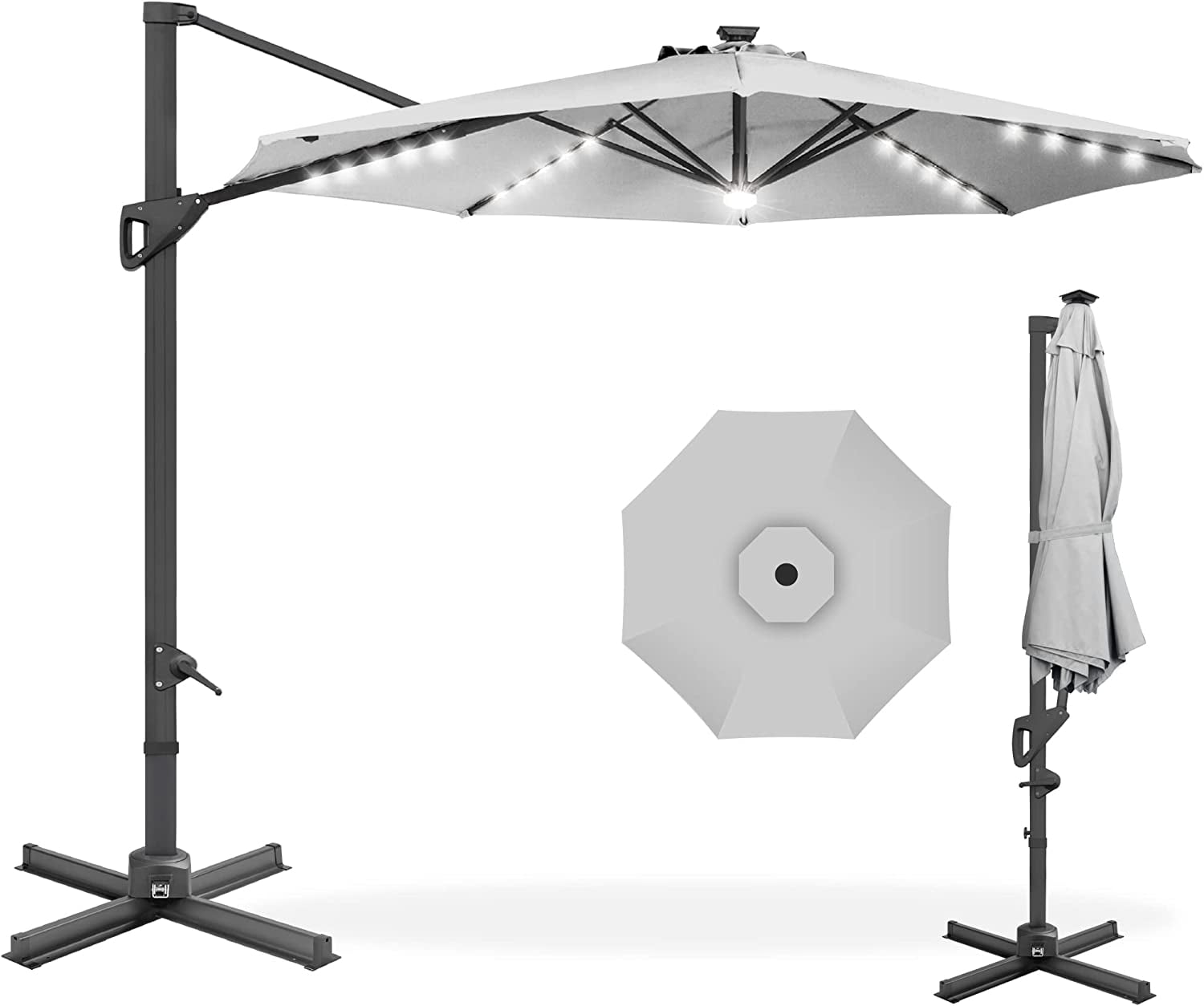 10ft Solar LED Cantilever Patio Umbrella, 360Degree Rotation Hanging
