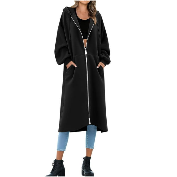 Amidoa Long Womens Coats Zip Front Black Pullover Hooded Clothes Dressy Long Sleeve Oversized Hoodies Jacket for Women L