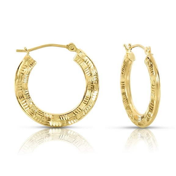 Tilo Jewelry 14K Yellow Gold Hand Engraved Round Flat Checker Textured Hoop Earrings | 20mm | Women & Unisex