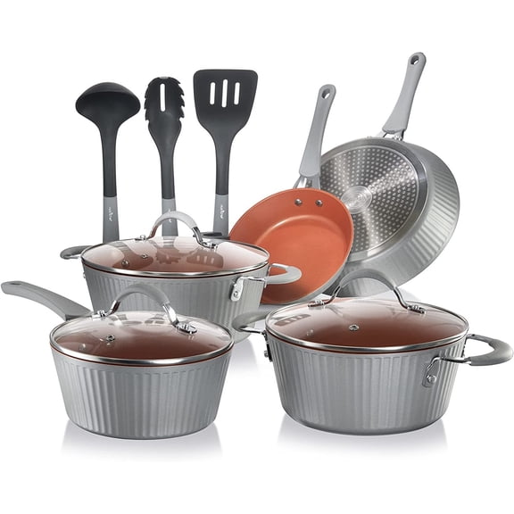 11-Piece Nonstick Cookware Set - Excilon Blue Diamond Ceramic, Dishwasher Safe PTFE/PFOA/APEO-Free Kitchen Ware Pots & Pan Set w/ Saucepan, Frying Pans, Cooking & Dutch Oven, Lids - NCCW11GL