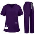 thumbnail image 2 of Women's Quick-Dry Scrub Work Uniform Set with V-Neck Short Sleeve Top & Pants, Pocketed Medical Nurse Outfit for Healthcare Professionals (Solid Color),Purple 2XL, 2 of 5