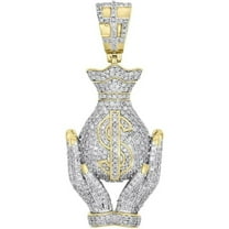925 Sterling Silver 14K Yellow Gold Finish Round Cut White Diamond Money Bag In Hand 2" Inch Pendant For Women's & Men's