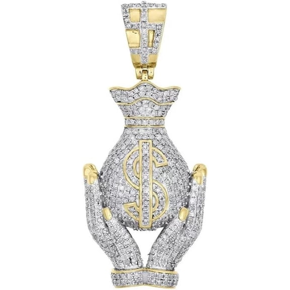925 Sterling Silver 14K Yellow Gold Finish Round Cut White Diamond Money Bag In Hand 2" Inch Pendant For Women's & Men's