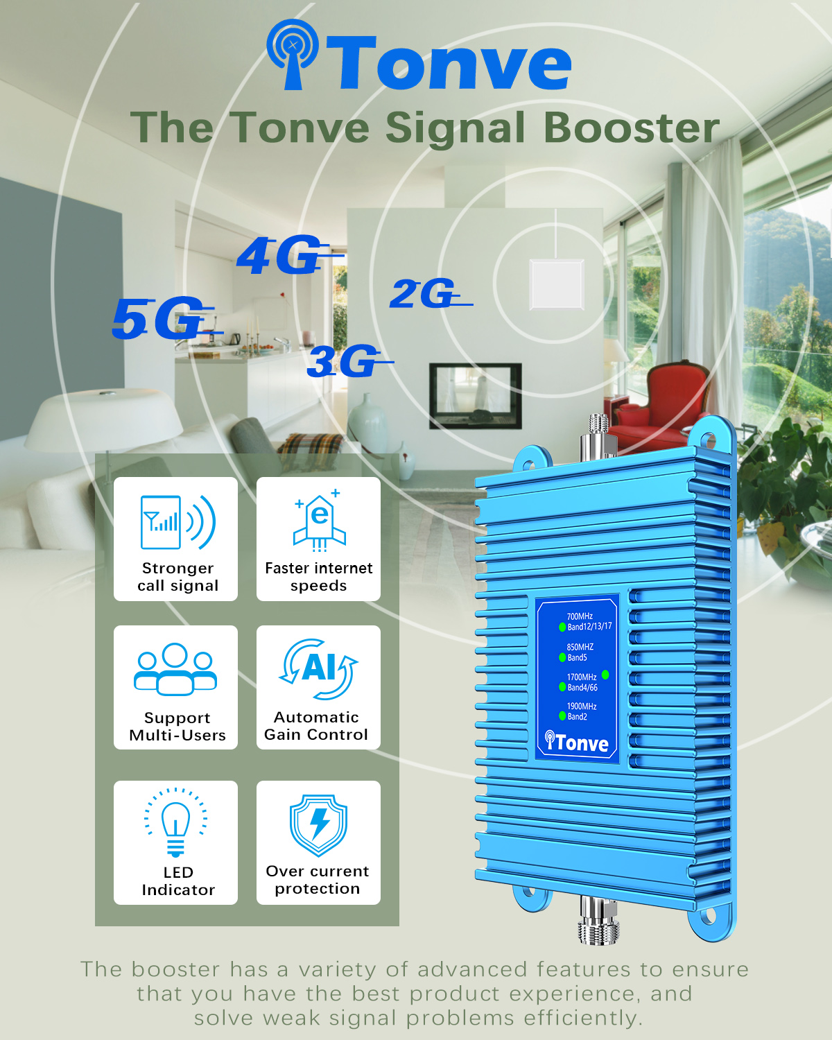 TONVE Cell Phone Signal Booster for Home Office,Cell Phone Booster Up to  4,000 sq ft All Carriers 5G 4G 3G-Compatible with Verizon, ATT, T- Mobile, Sprint  More FCC Approved