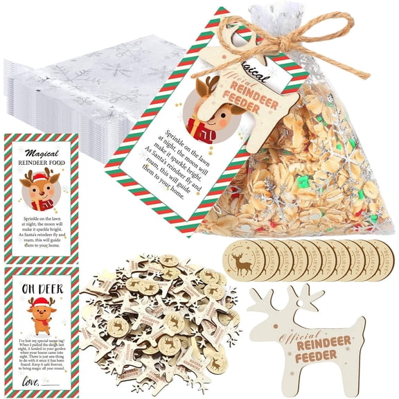 Miguan 200 Pcs Magical Reindeer Food Bags Christmas Treat Drawstring Bags with Gift Tags Ribbon Oh Deer Christmas Party Favor Reusable Reindeer Food Kit for Candy Goodie Cookie Snack Gift Wrapping