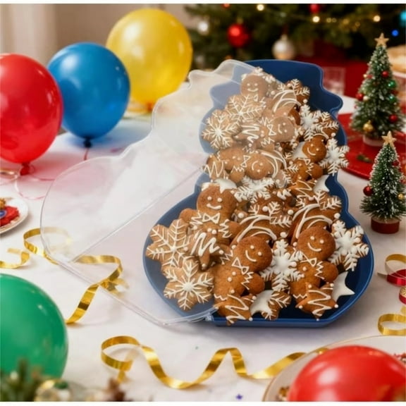 Christmas Serving Tray, Christmas Cookie Box with Lid, Cute Holiday Gingerbread Man Snowflake Tree Storage Container for Snacks, Candy