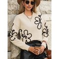 thumbnail image 4 of Women'S Off Shoulder Cable Knit Sweaters in Fall Pullover Cute Flower Crew Neck Long Sleeve Trendy Sweater Apricot Color M, 4 of 10