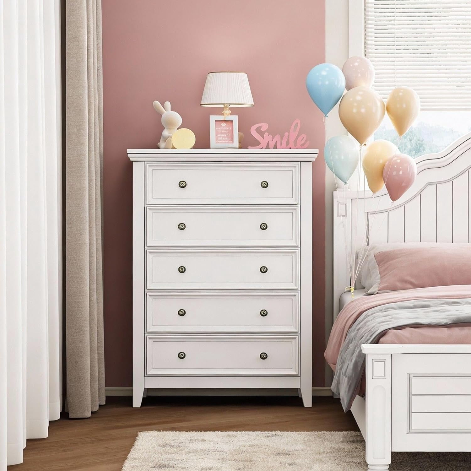 Boshiro Tall Dresser for Bedroom, 5 Drawer Dresser, Chest of Drawers, Organizer Drawers, for Hallway Entryway, White
