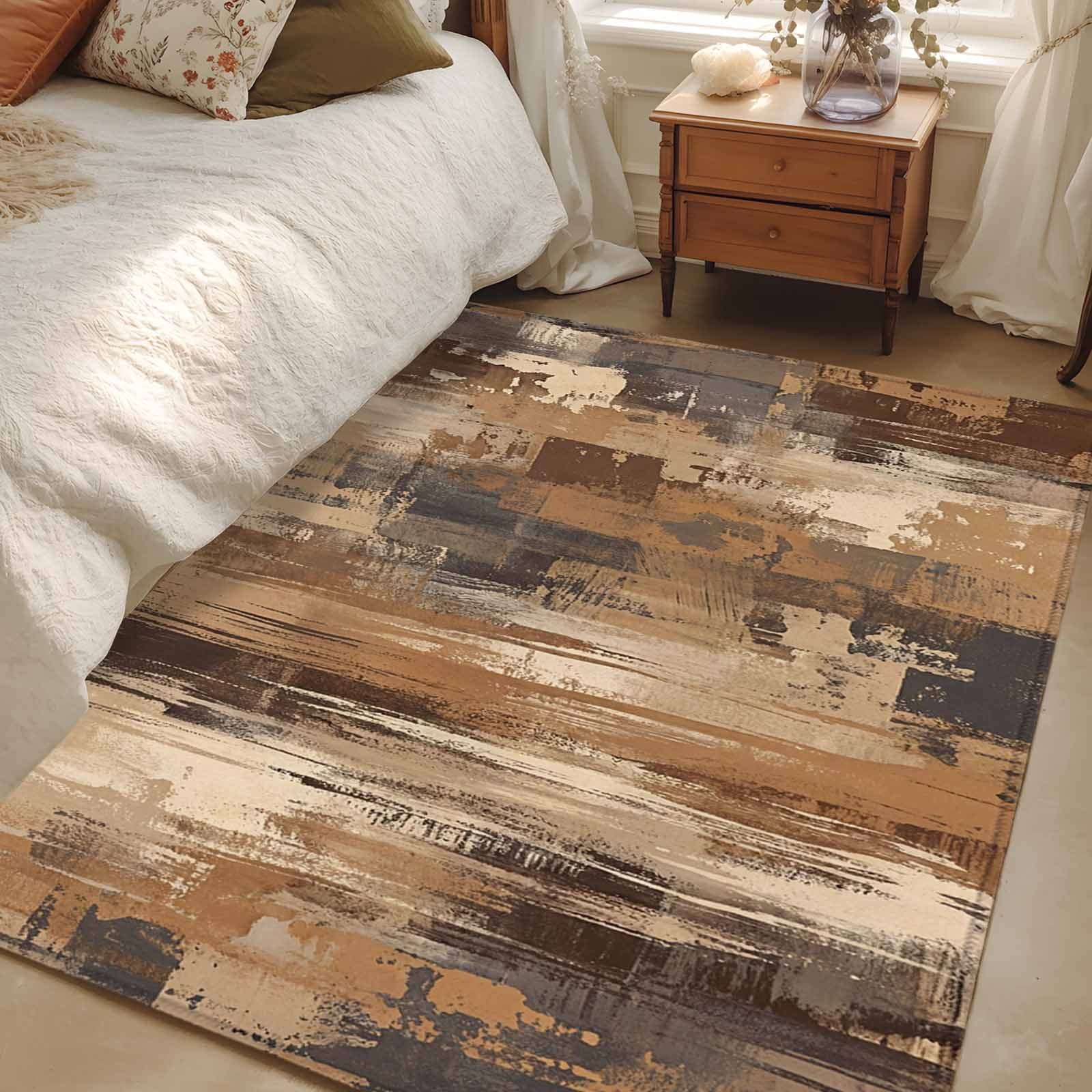 Area Rugs 2.7'x5', Brown Abstract Carpet for Living Room Bedroom Dining Room, Vintage Geometric Gradient Oil Painting Modern Throw Kitchen Rugs Non Slip Washable Rectangle Indoor Outdoor Rugs